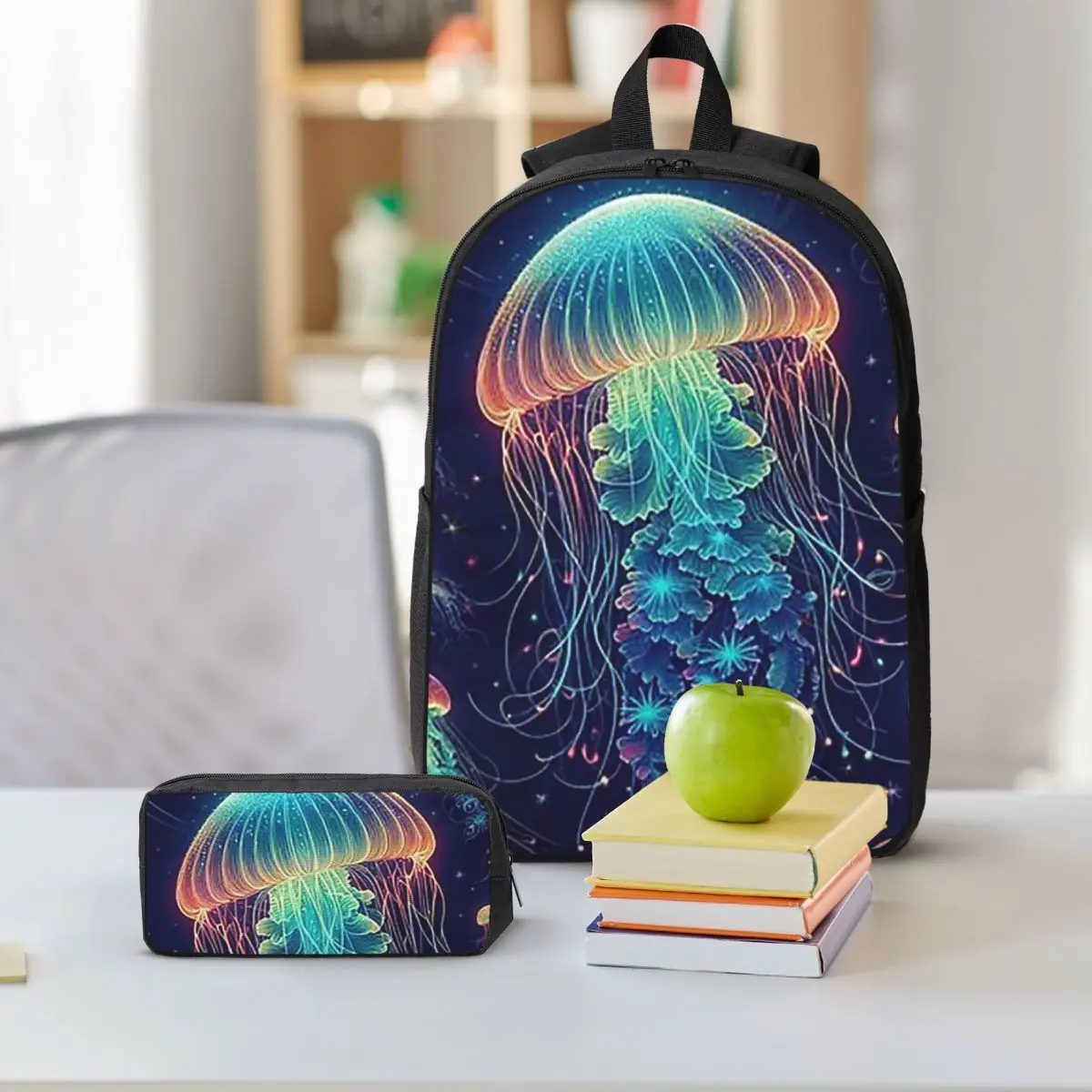 Luminescent Rainbow Jellyfish On Navy Blue Backpack BookBag School Bag Shoulder Bags 3ps Insulated Lunch Bag Pencil Case