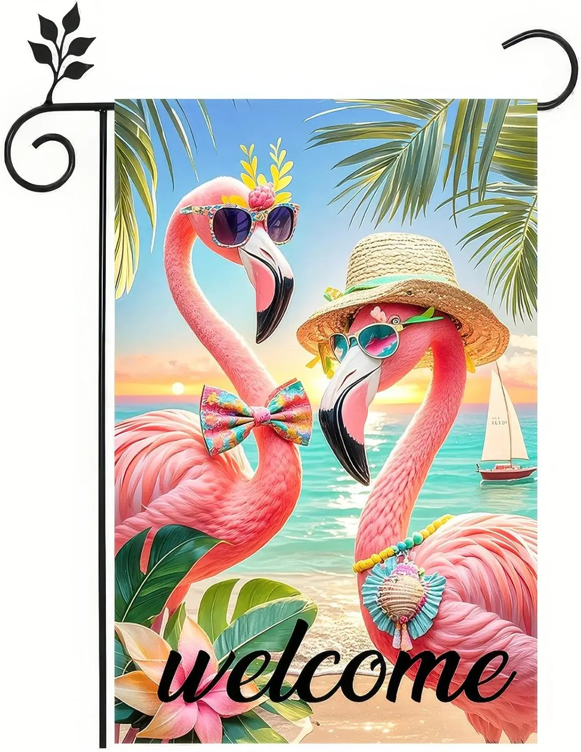 Hawaii Tropical Welcome Flamingo Garden Flag Summer Ocean Sea Yard Flag for Seasonal Outdoor Party Decoration 12 x 18 Inch D MME