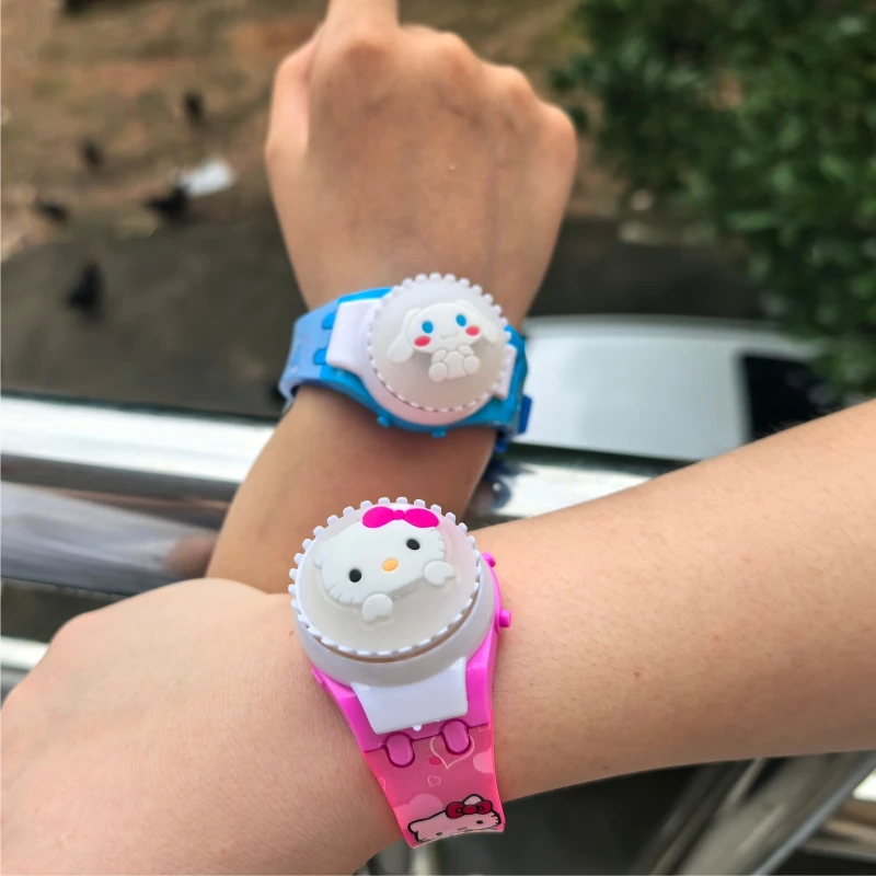 Hello Kitty Kuromi Boy and Girl Cartoon Anime Figure Watch Cute Flip Cover Spinning Top Glow Watch Child Birthday Party Gift Toy