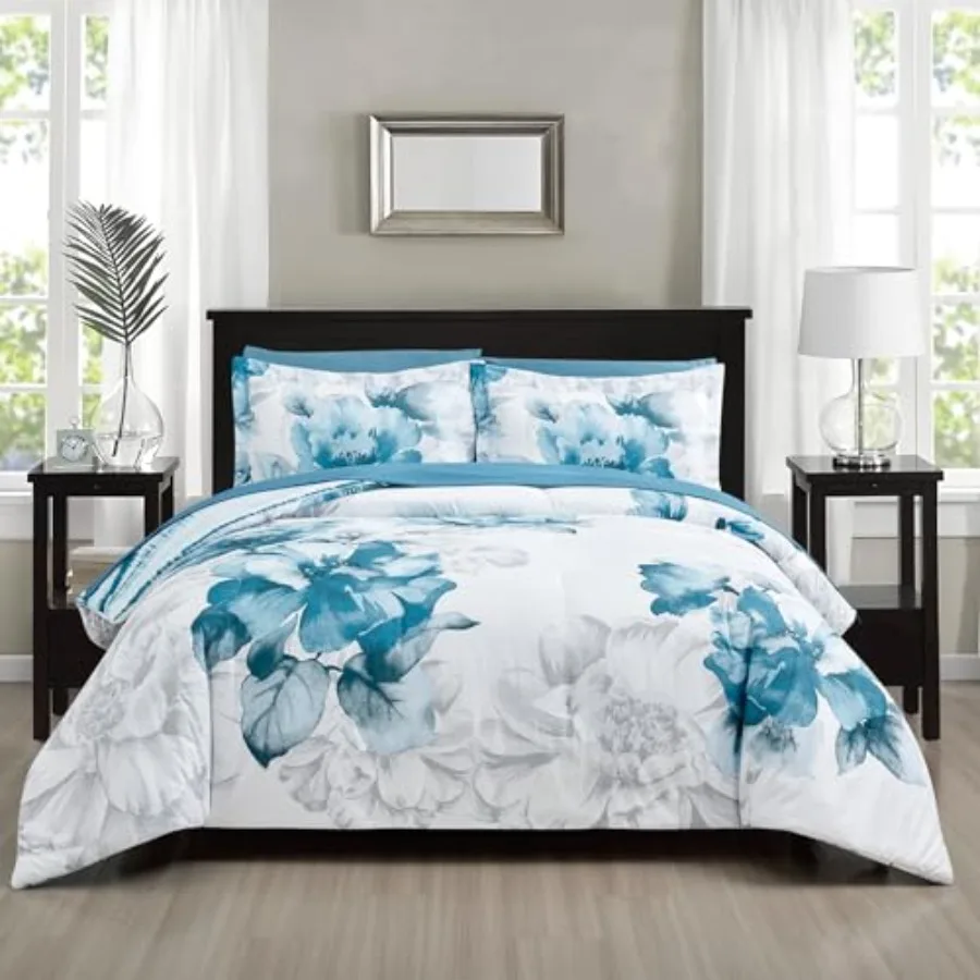 

Soft Brushed Microfiber Comforter Set 7 Pieces King with Light Weight Soft Poly Fill Printed Teal Grey Big Florals Face with Pr