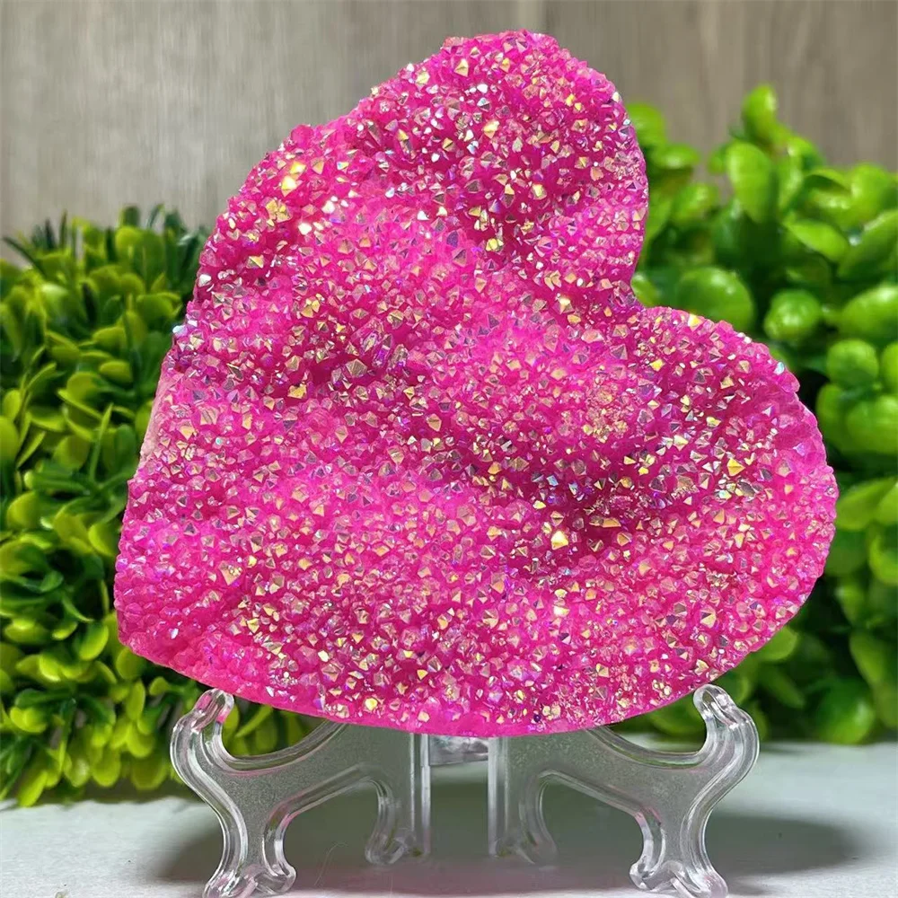 Druzy Aura Rainbow Heart Crystal Natural Carving Gemstone Meditation Reiki Healing Spiritual Reiki Home Decoration+Stand