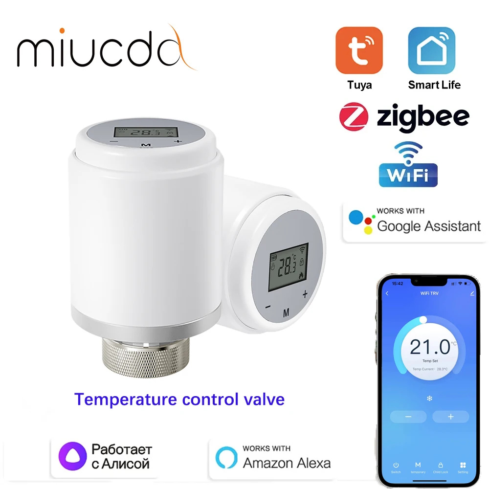 MIUCDA TUYA Smart WiFi Thermostat Radiator Valve TRV with Programmable App for Remote Temperature Control with External Sensor