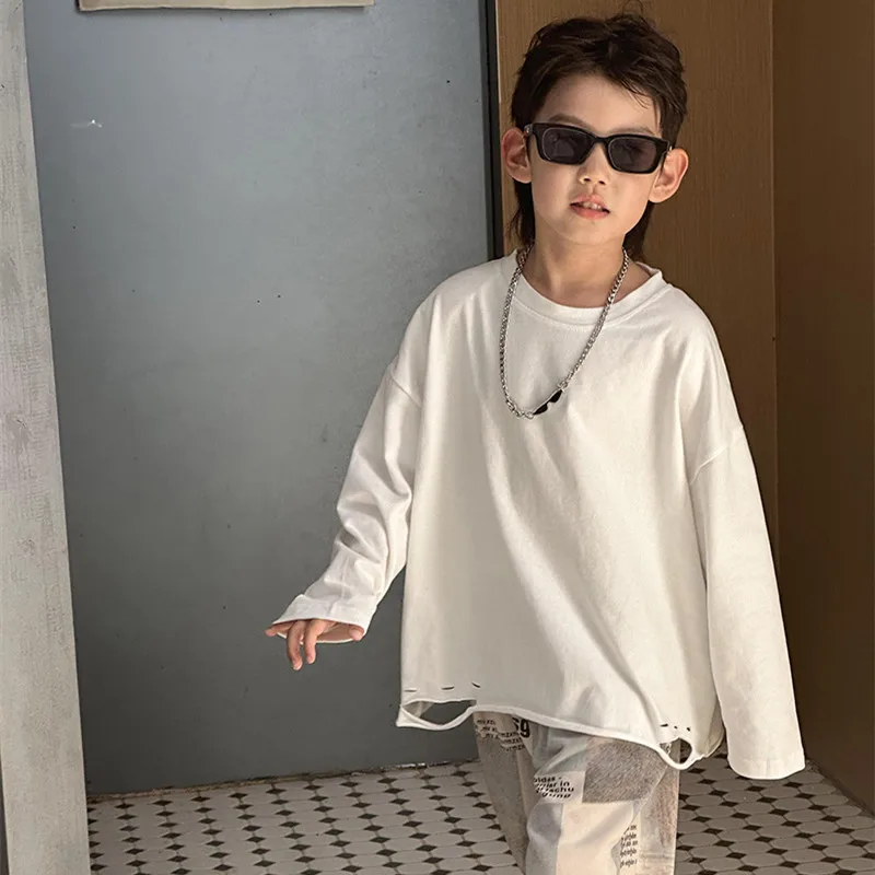 New Autumn Kids long sleeve T-shirt Boy's brief cotton Tee Girl's loose hole bottom shirt Children's Clothing casual Tops