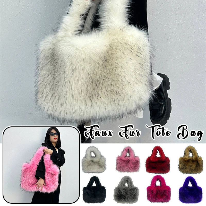 

Women's Large Fluffy Plush Tote Bag Soft Warm Winter Handbag, Solid Color Top Handle Purse for Work Travel Shopping