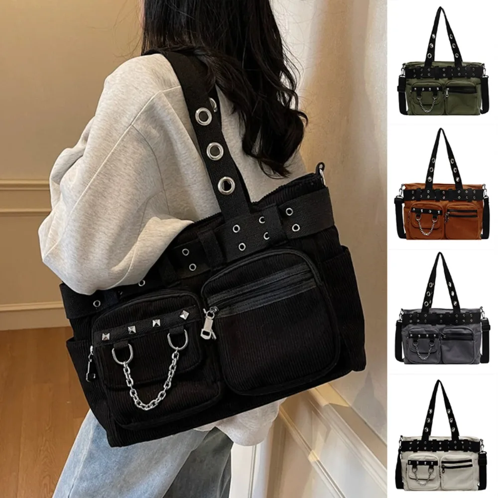 

Women Rockabilly Shoulder Bag with Chain Canvas Punk Rock Tote Handbag Zipper Closure Gothic Underarm Bag Rivet Girls Daily Bags