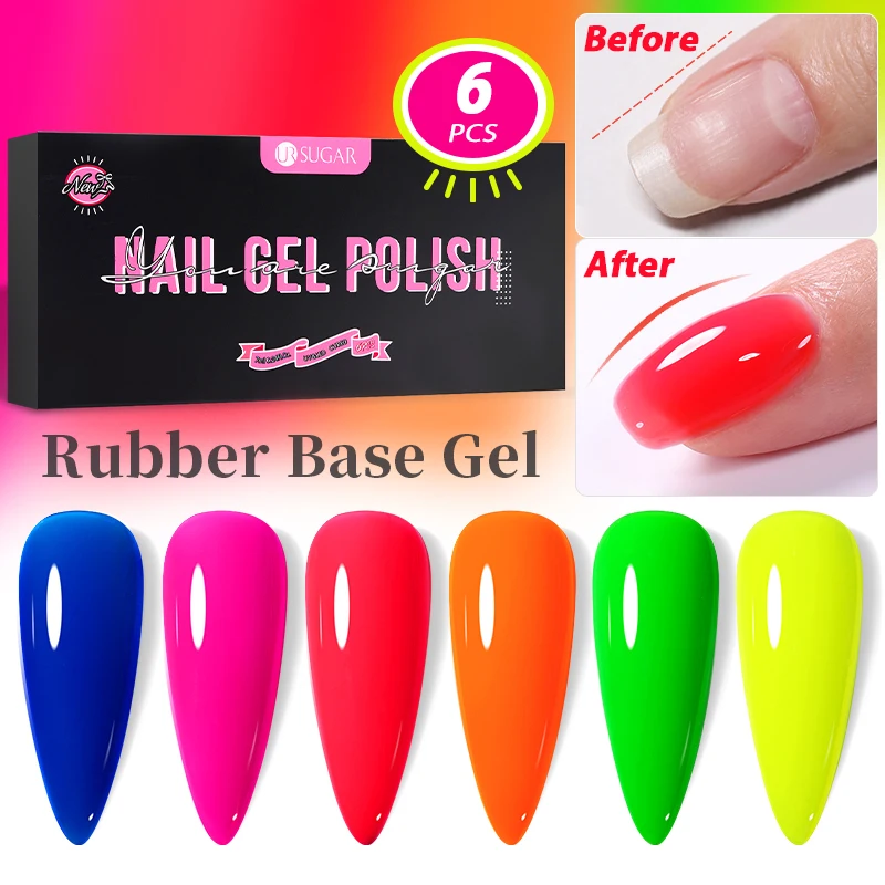 

UR SUGAR 6pcs Rubber Base Gel Set Neon Macaron Jelly Transparent Rubber Base Gel Nail Polish Manicure Kit Soak Off UV LED Gel