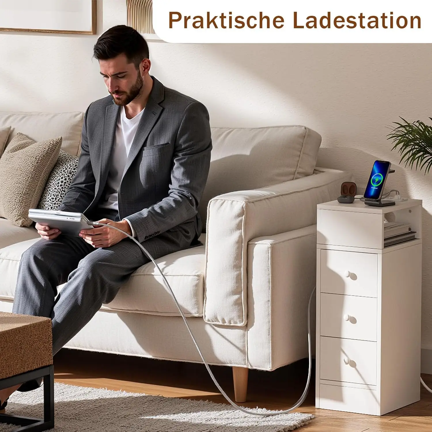 Mesita de Noche Estrecha con Enchufe Mesitas de Noche Estrecha con 3 cajones y 2 Comparitementos de Almacenamiento Mesa Auxiliar #4