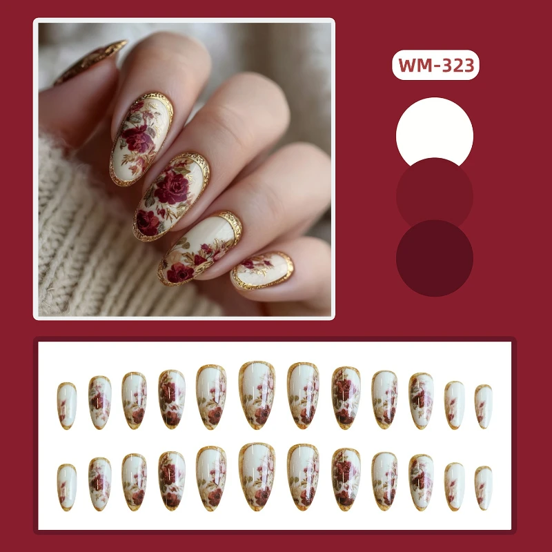 24Pcs Press-On Nails with Gold-Plated Rose Almond Classic Floral Design Elegant Oil Paint Style Nails Perfect As Gifts for Women