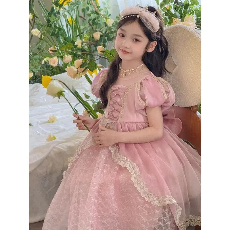 

Girls Spanish Backless Floral Pink Lace Dresses Puffed sleeves Princess Lolita Ball Gown Infant Birthday Party Sweet Clothes