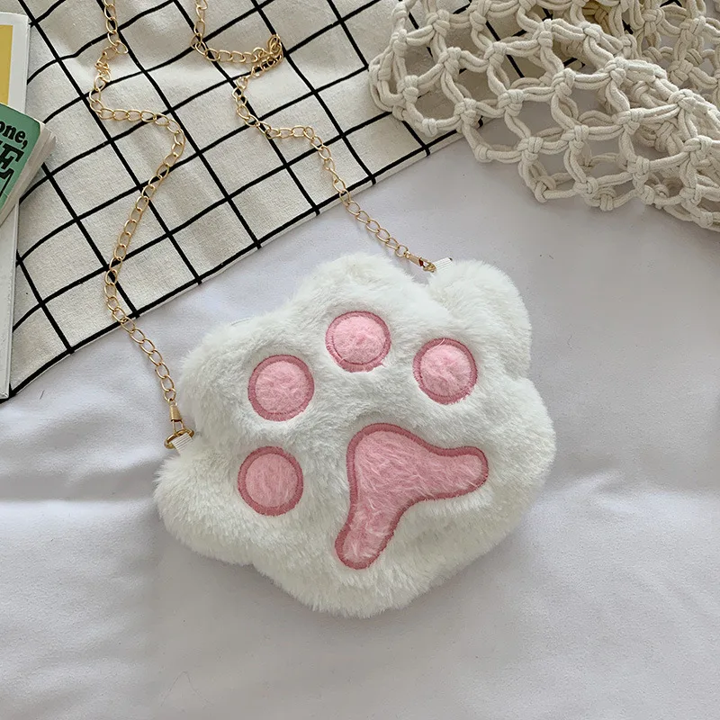 Cute Bear Paw Girls Chain Zipper Shoulder Bag Lovely Children\'s Soft Plush Cat Paw Coin Purse Baby Accessories Crossbody Bags