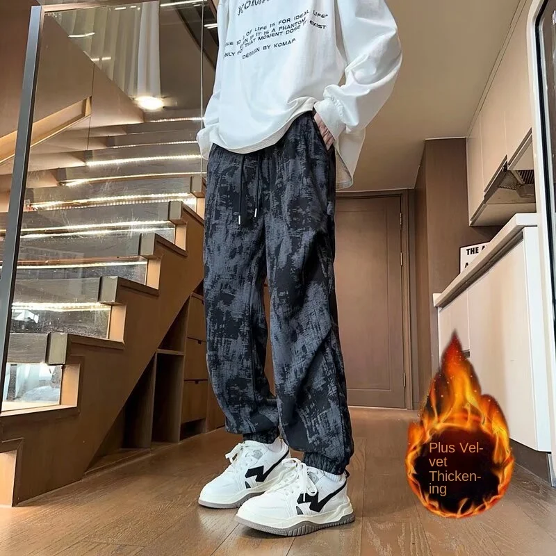 

2025 men's spring autumn and winter new loose and versatile sports and leisure pants with plush cuffs