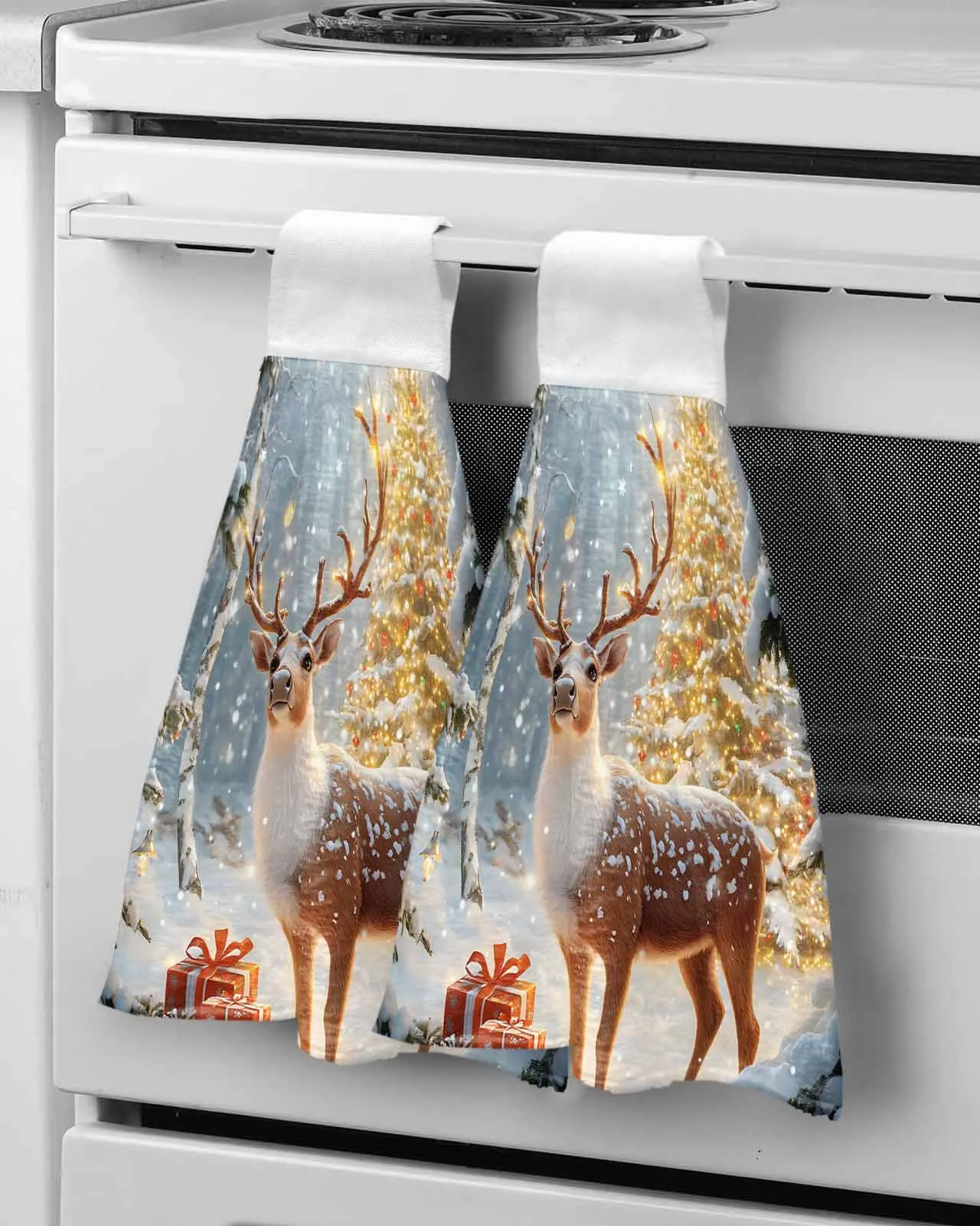 Christmas Reindeer Lantern Wipe Hand Towel Absorbent Hanging Towels Home Kitchen Wipe Dishcloths Bathroom Bath Wipe