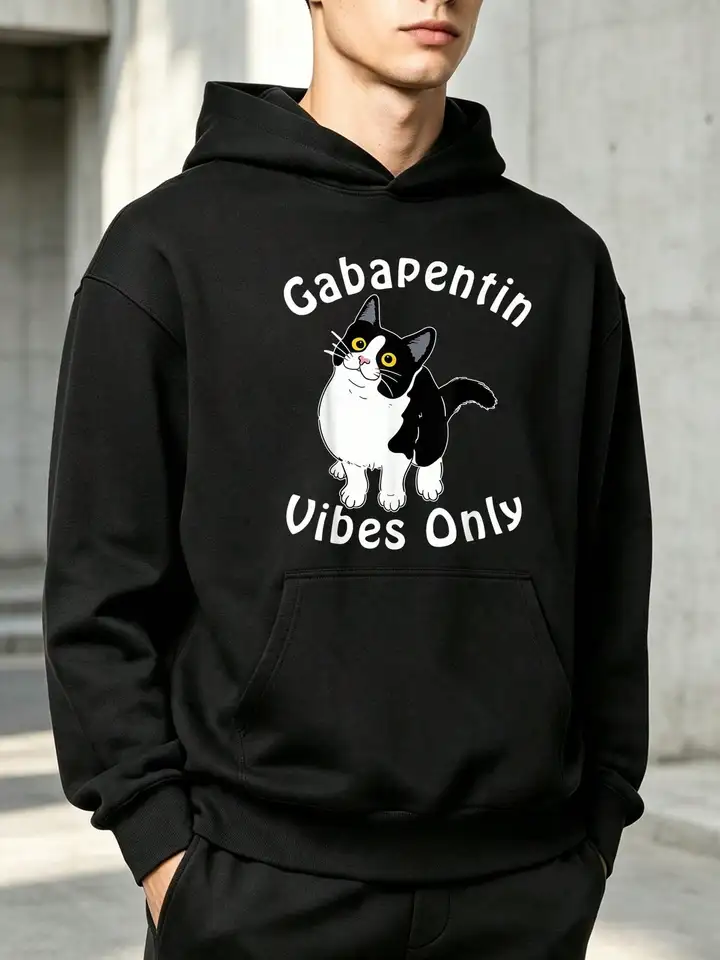 Men's Cat Vibes Print Soft Fabric Hoodie