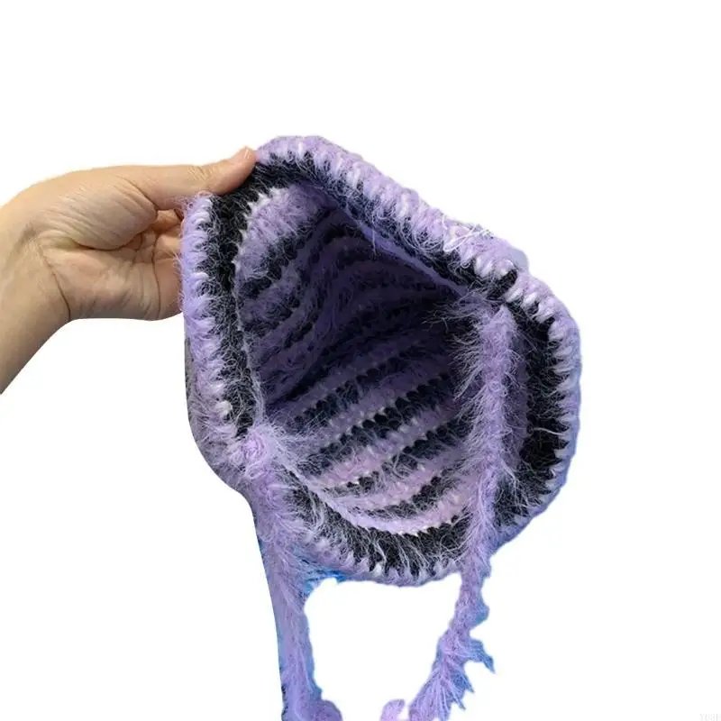 보라색 줄무늬 비니 소녀 Y2K 모자 니트 모자 두꺼운 손으로 짠 모자 스트리트 Y08E