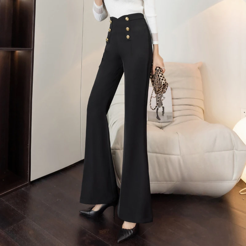 Black Double Breasted High Waist Flare Pants Women\'s Korean Fashion Trousers Casual Loose Office Lady Woman Pants Baggy Clothing