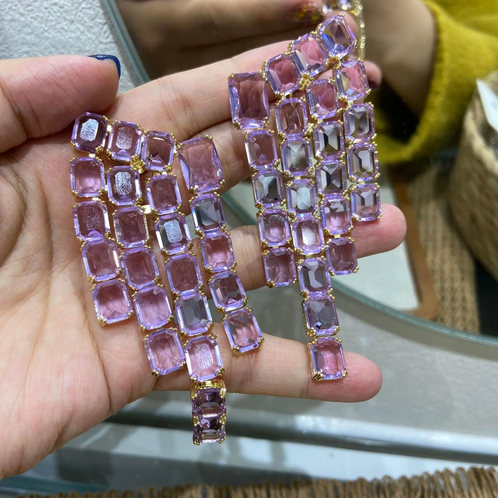 

2026 Women's Light Purple Crystal Square Diamond Long Tassel Earrings