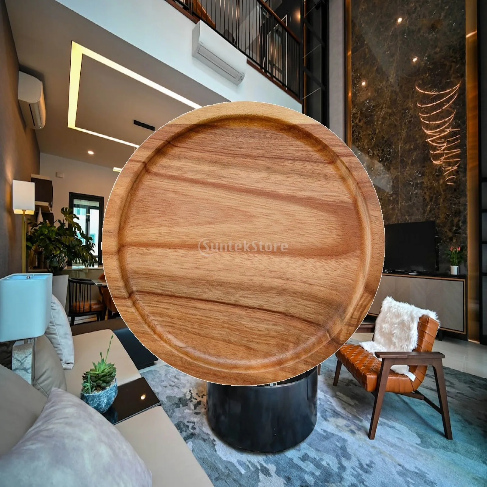 Round Acacia Wood Tabletop Serving Board with Recessed Surface for Cheese Crackers Coffee Snacks and Casual Meals