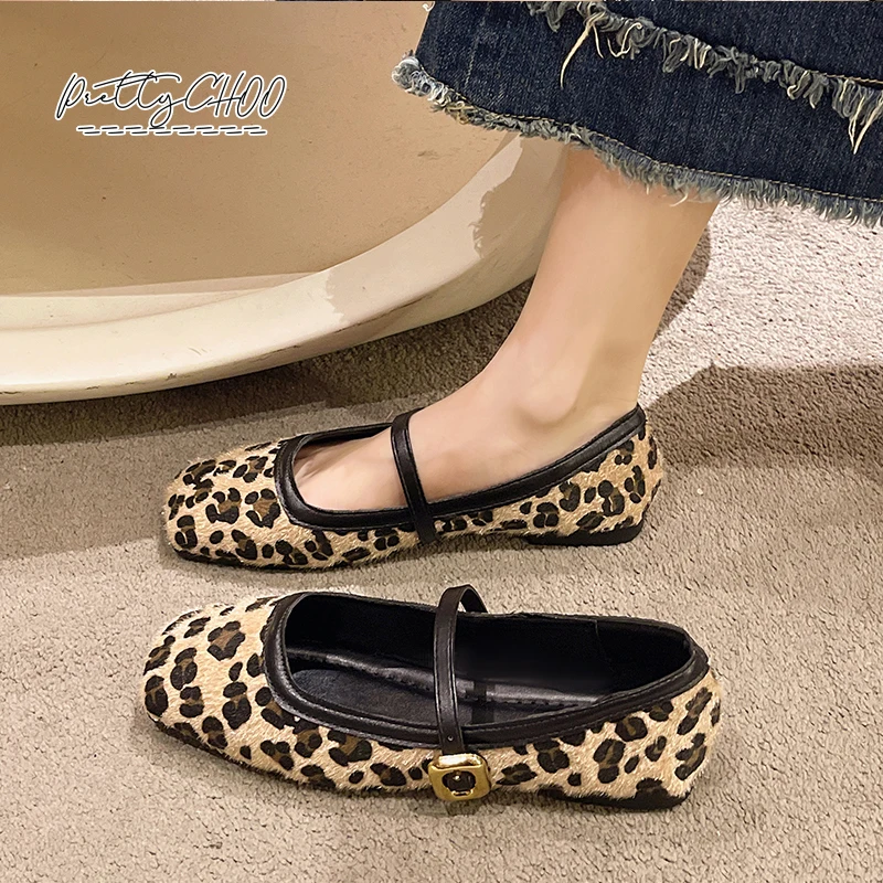 Luxury Horse Hair Leopard Print ballerine donna Classic Gold Buckle Strap Mary Janes Ladies Casual Soft Sole mocassini poco profondi