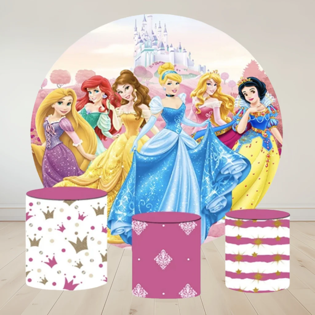 

Hasbro Cinderella Ariel Belle Cover Round Photo Backdrop Shower Birthday Party Props Plinth Dessert Table Photography Background