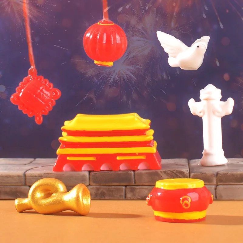 

7Pcs Chinese knot Tiananmen Peace Doves Landscape decoration desktop resin micro-landscape creative small ornaments DIY