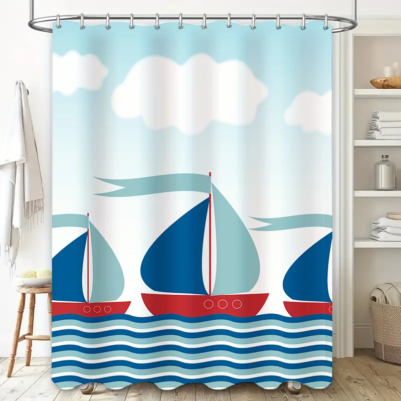 Bright Sailboat Shower Curtain Set: Blue Waves Bath Decor, Kids Room Wall Hangings Bathroom Decor for Home Decoration