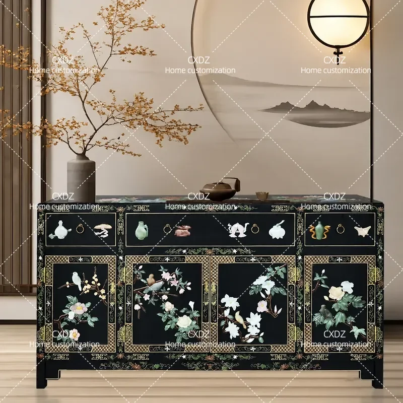 Chinese Traditional Lacquer Flower Bone Inlay Side Cabinet with 3 Drawers and 4 Doors for Entryway Living Room Multi Scene