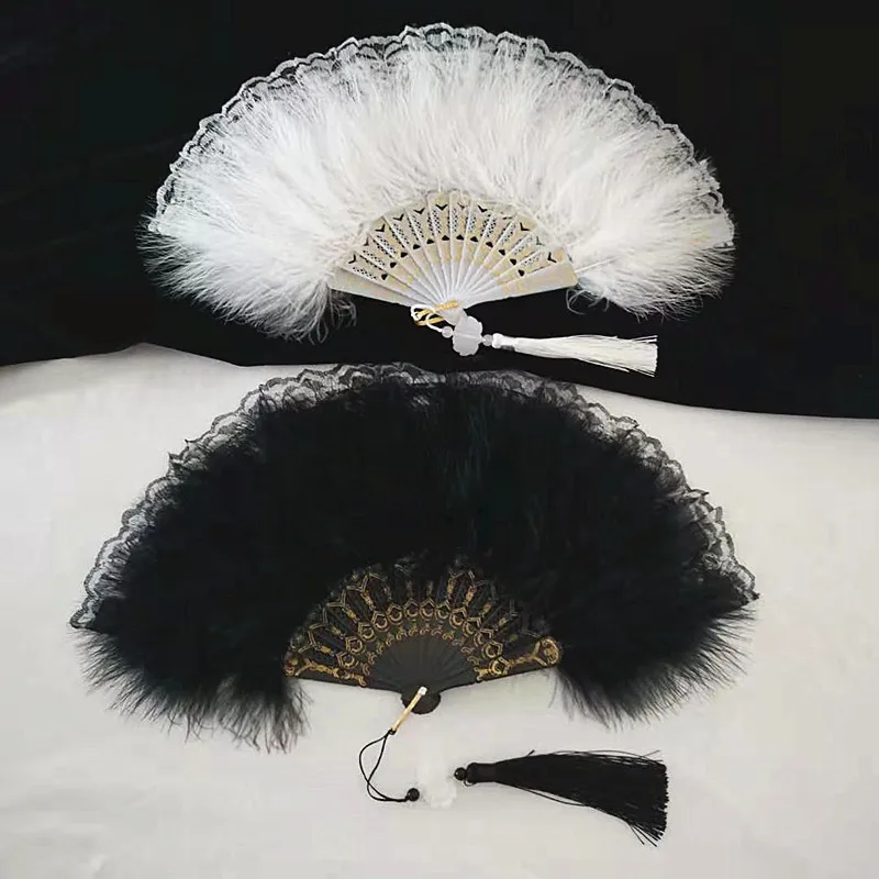 Retro Folding Fan Velvet Black White Lace Feather Fan with Pendant Bride Handfan Sweet Girl Dance Props Wedding Party Decoration