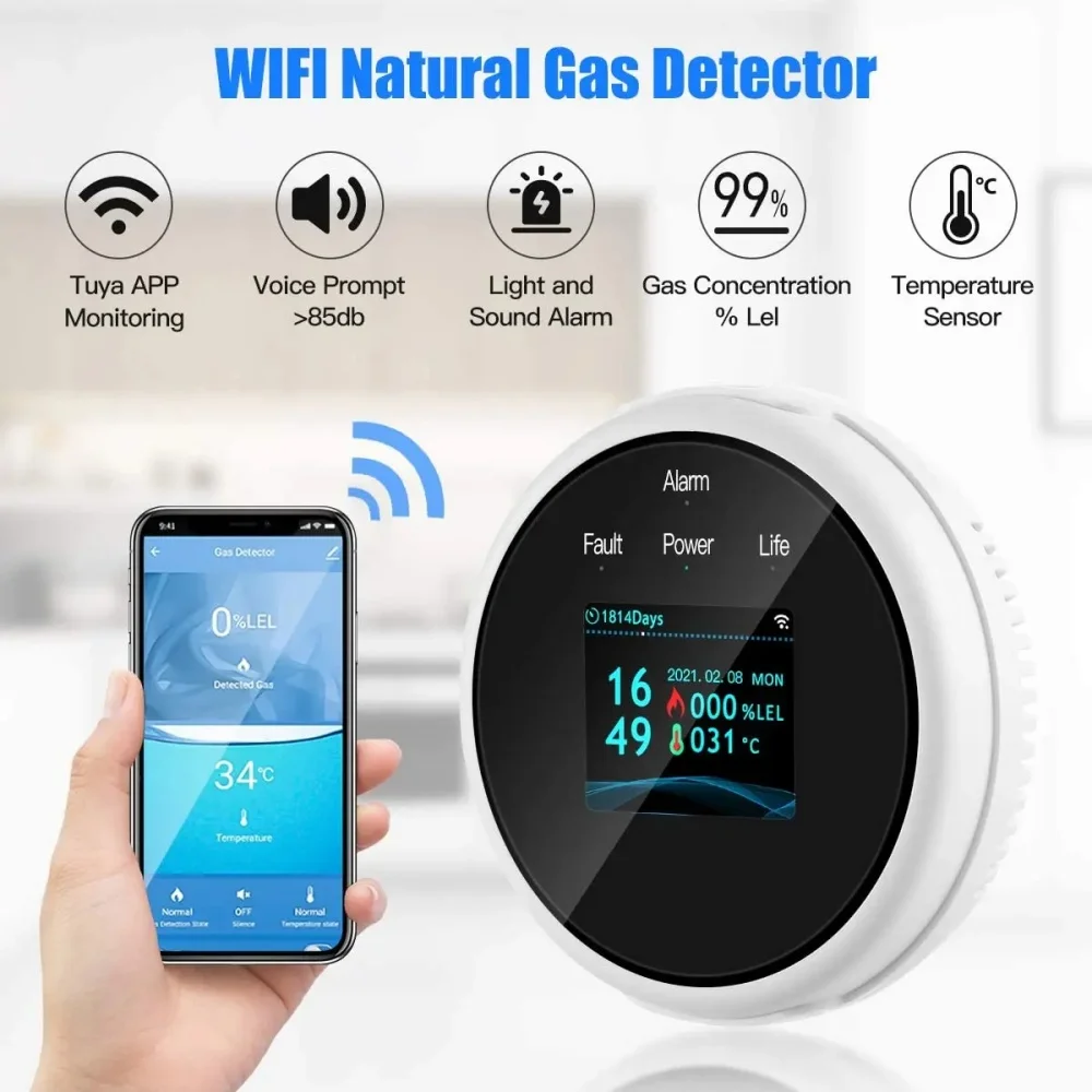 WiFi Tuya App Function Kitchen Natural Gas Leak Alarm Sensor Temperature LCD Digital Display Sound Siren Combustible Detector