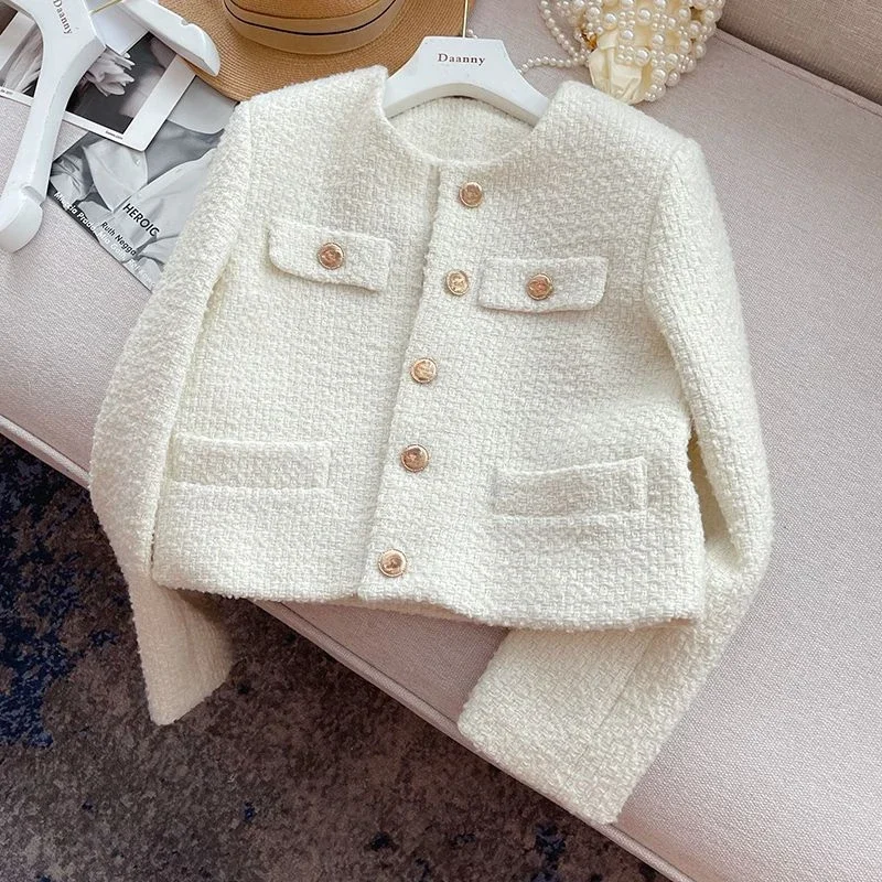 

Korean Woolen Button Up Jacket for Women, Chic Female Tweed Outerwear Basic Coat Autumn Winter Clothing, Runway Style Jackets