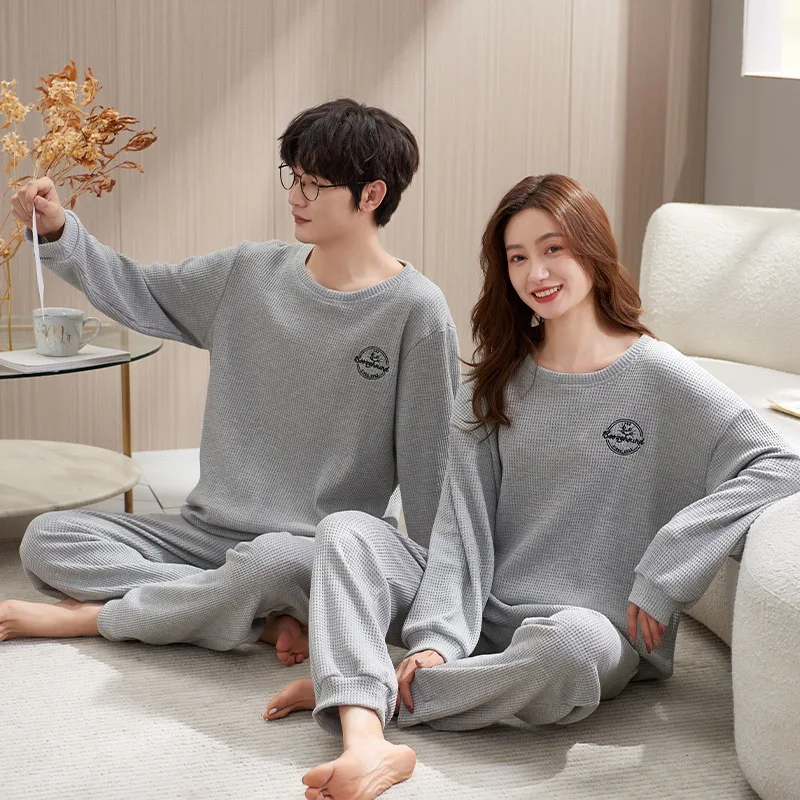 New Couples Homewear Pajamas Men\'s Long-sleeved Long Pants Loose Pajamas Ms. Cartoon Cute Homewear Pajamas Set Outdoor Can Wear