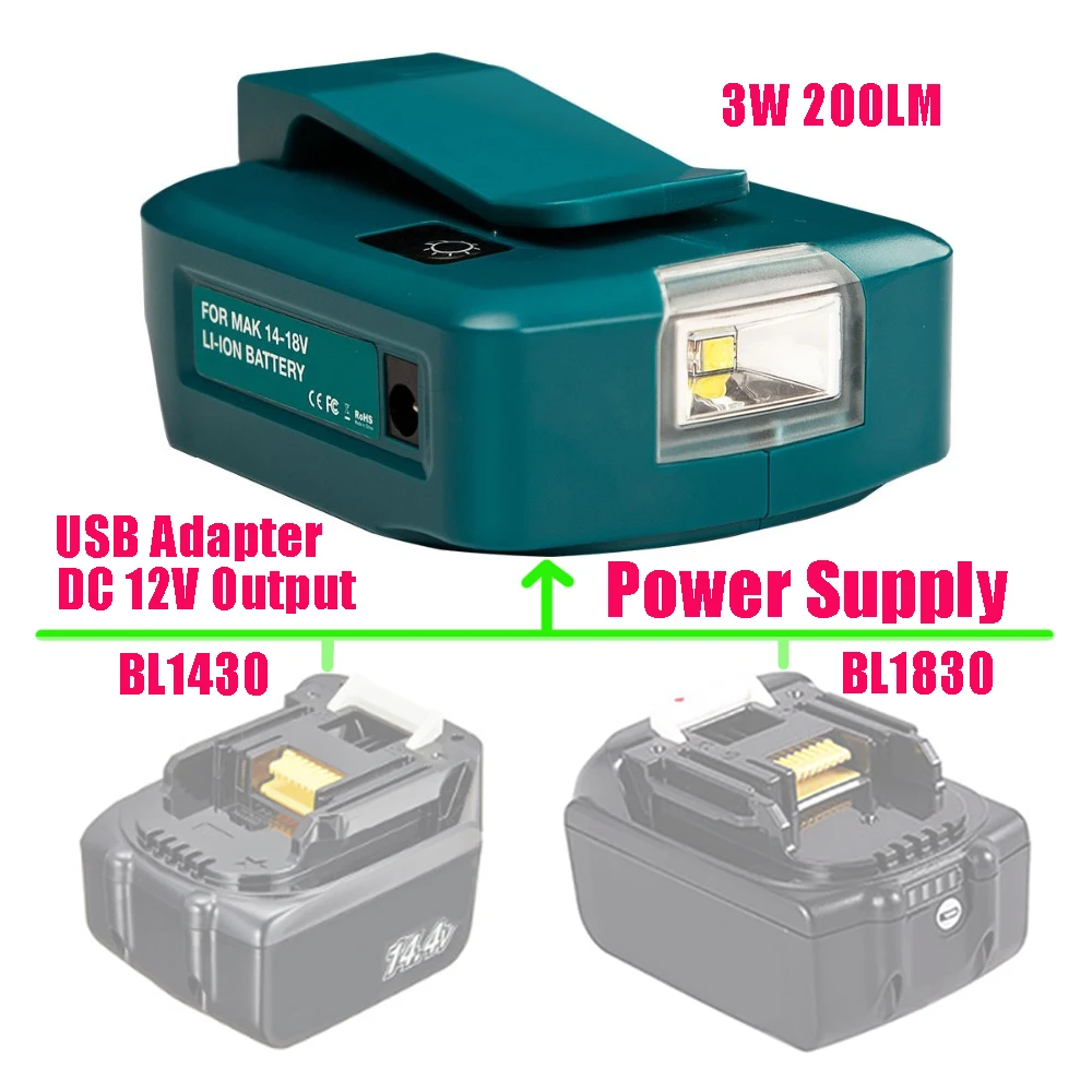 Adapter LED Light Working Lamp USB Mobile Phone Charger DC 12V Output use For Makita 14.4V 18V Li-ion Battery BL1430 BL1830