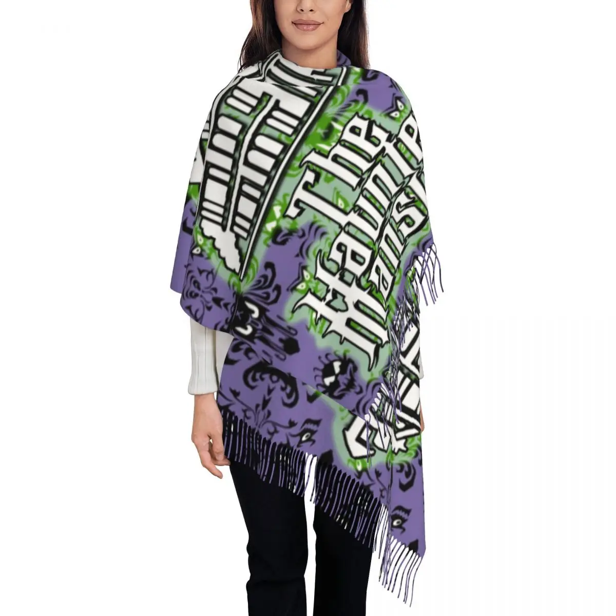 

Female Large Haunted Mansion Scarves Women Winter Soft Warm Tassel Shawl Wraps Halloween Happy Haunts Scarf