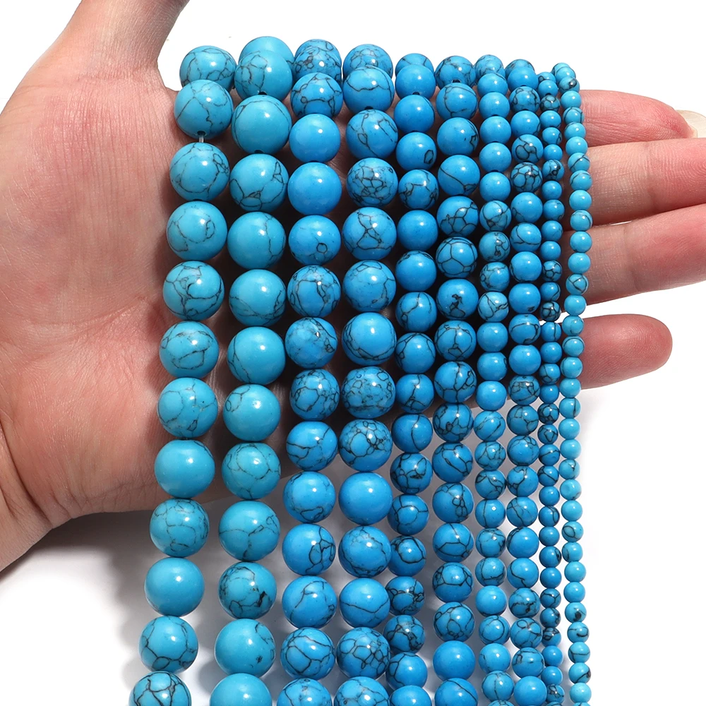 4/6/8/10/12mm Smooth Blue Stripe Turquoises Round Loose Beads DIY Bracelet Necklace Accessories 15'' Strand for Jewelry Making