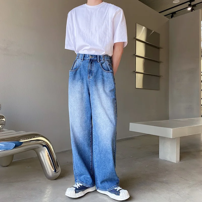 

Новые мужские джинсы Spring с регулируемой застежкой на крючках, светло-голубые, модные, в корейском стиле, широкие, для повседневной носки, длинные брюки с высокой талией, прямые.