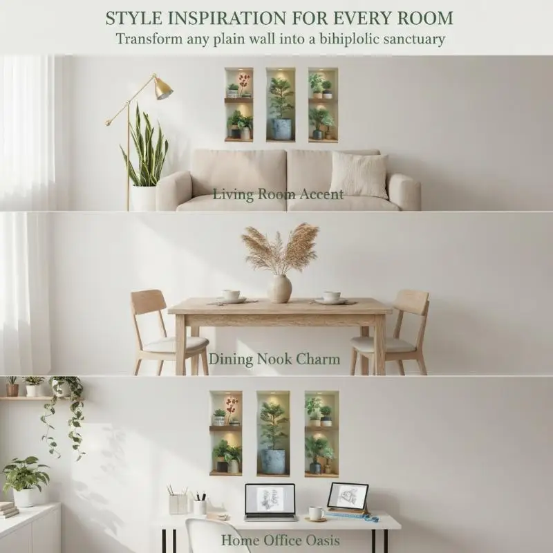 Potted Plant Stick Wall Decals 3Pcs Set Waterproof Fade-Resistant Stickers for Stairway Entrance Hall Office Decor