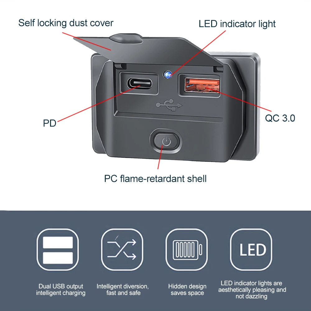 Quick Charge QC3.0 PD Type C Dual USB Ports Car Bus Charger Socket Adapter with Dust Cover Swith for Marine Motorcycle 12V/24V