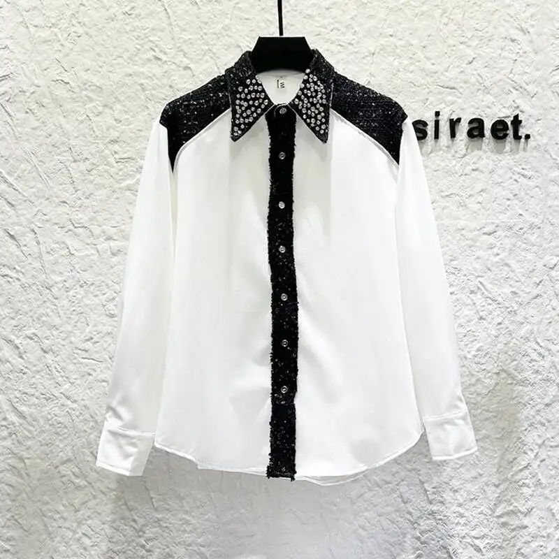 Autumn New Men's Shirts Diamond-Studded Personality Patchwork Contrast Color Design Long Sleeve Lapel Male Shirts XDET5