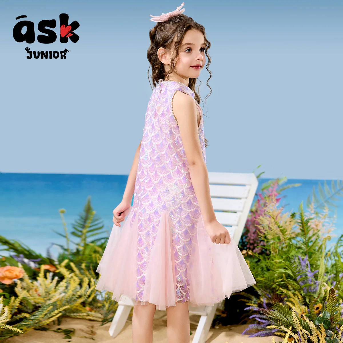 فستان الأميرة حورية البحر بدون أكمام شبكي متباين بالترتر الأرجواني للفتيات الصيفي للأطفال