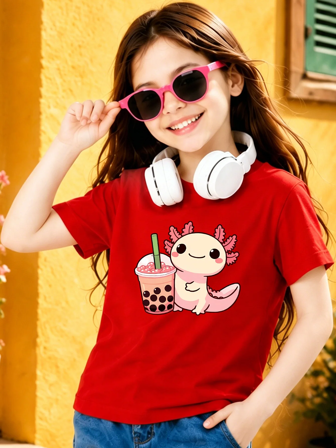 Cute Axolotl With Bubble Milk Tea Cartoon Kids T Shirt Boy Girl Short Sleeve Crew Neck Cotton Parent Matching Tops Toddler Youth