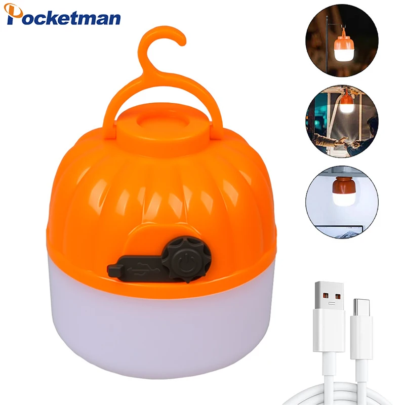 Pumpkin Lantern 4 Modes USB Rechargeable Camping Light Portable Tent Lamp Multi-functional Night Emergency Lights Outdoor