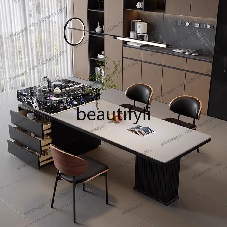 

Italian rock slab island dining table integrated retractable middle island home bar table light luxury living room dining table