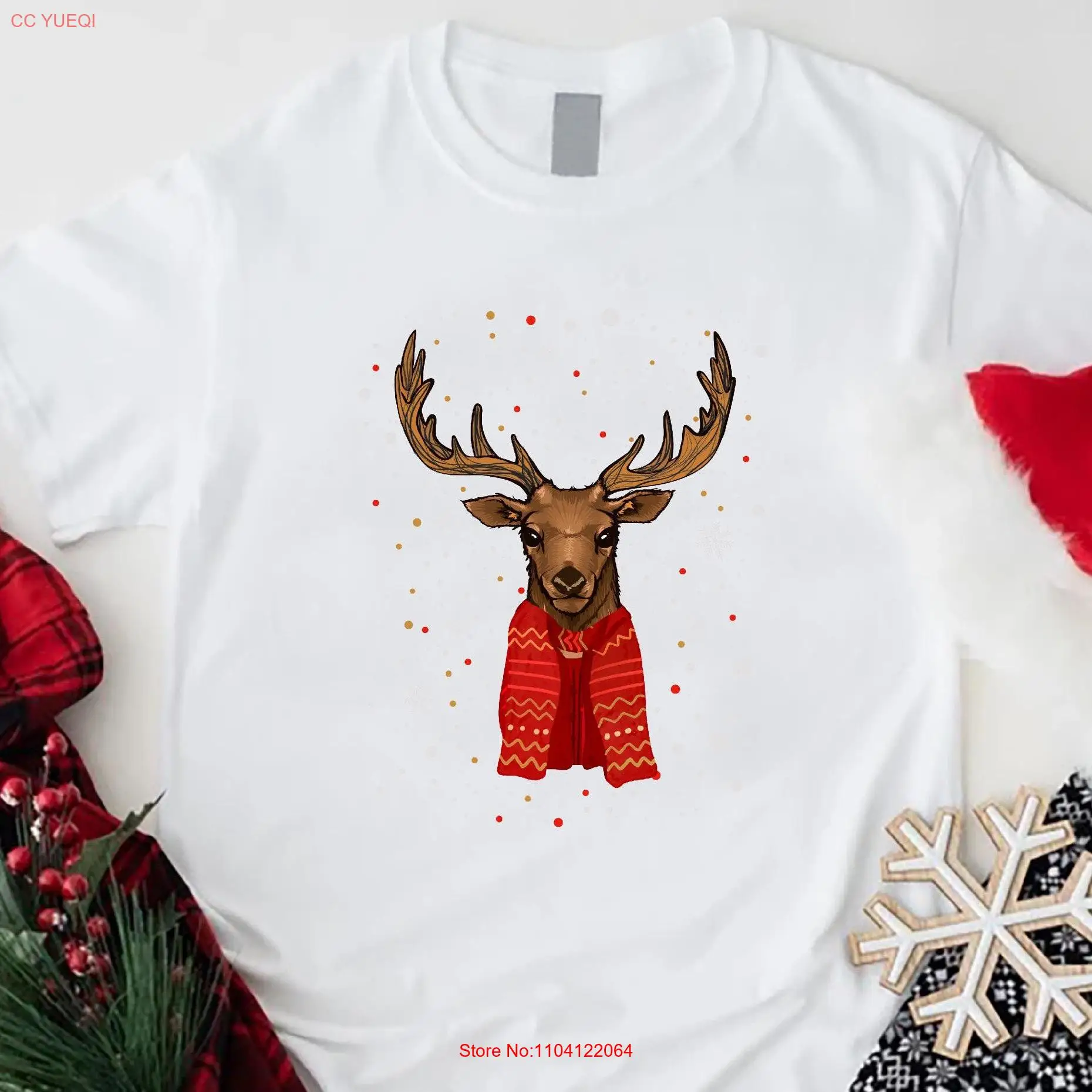 Christmas Reindeer T Shirt Retro Deer Holiday Scarf Light Family Matching long or short sleeves