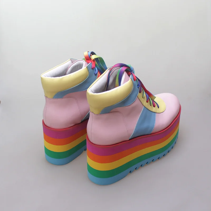 Rainbow Mixed Color Genuine Leather Thick Sole Platform 9cm Wedges Ankle Boots Ladies Round Toe Lace-up Casual Flats Shoes 2023