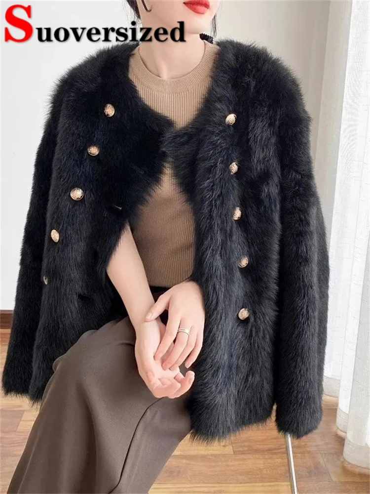 

Loose Korean Faux Fur Overcoats O-neck Thick Fall Winter Coats Elegant Women Furry Jacket Double Breasted Luxury Chaquetas