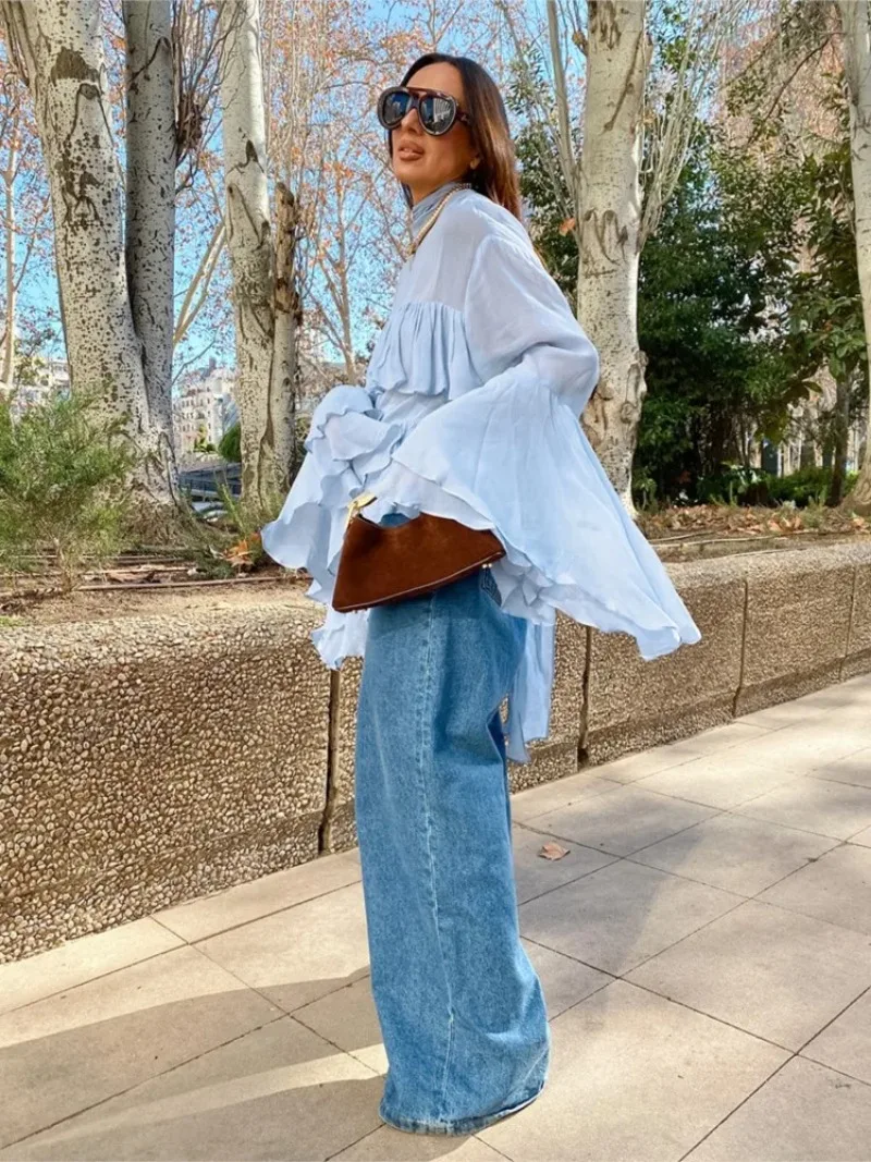 Blue Shirt Women Elegant Chic High Neck Ruffle Edge Trumpet Sleeves Blouse 2025 New Summer Spring Solid Fashion casual Shirts