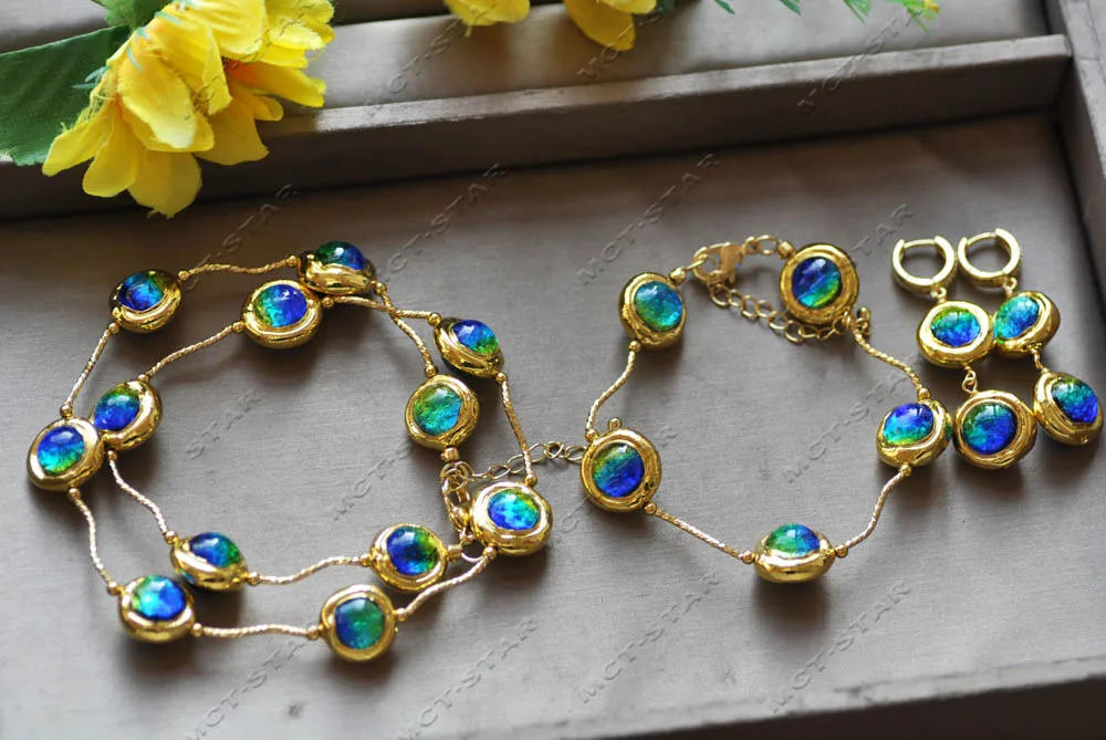 Z12922 Set Blue Green Murano Glass Gold-Plated Bead Necklace Bracelet Earring