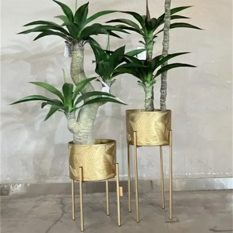 Modern Gold Iron Plant Rack Three-Piece Green Potted Flower Bucket Set Concave Pattern Design Round Flower Pot Holder