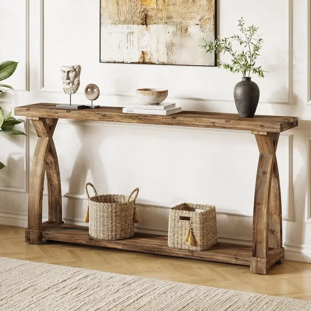

Solid Wood ole Table or Entryway, 63-Inch Narrow armhouse Couch Table Behind Soa with 2-Tier Storage or Entrance, oyer, Living R