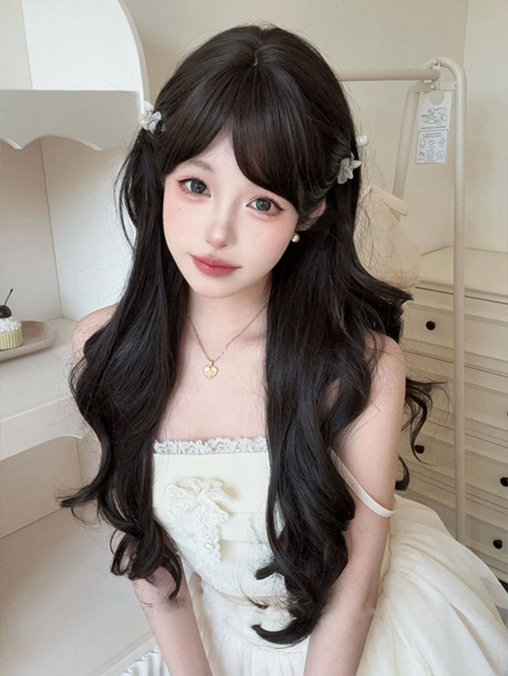 OLACARE Popular Brown Ash Lolita Wigs With Bangs Synthetic Wig Long Deep Wave Hair For Women Fashion Thick Curls Wigs Girl