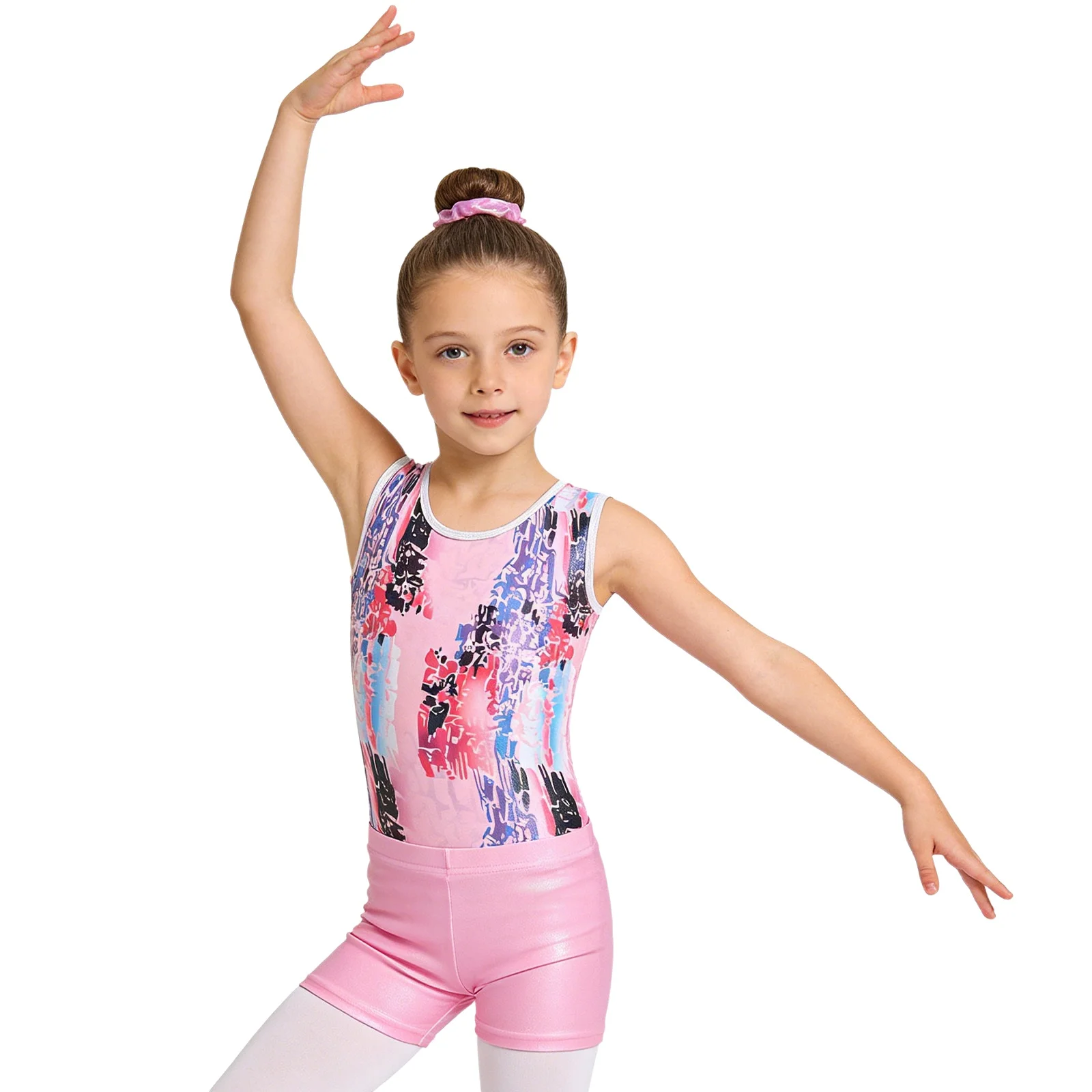 

Kids Girls Gymnastics Dance Performance Set Sleeveless Stylish Printed Metallic Leotard with Shorts for Ballet Dance Competition